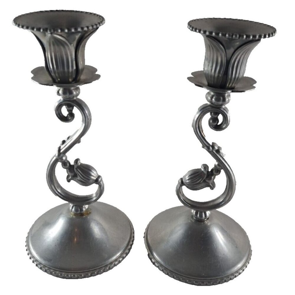 Vintage Aluminum Candlestick Holders Floral Wrought Farberware Silver Tone